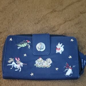 Vera Bradley Turnlock Wallet Christmas Holiday Navy Embroidered